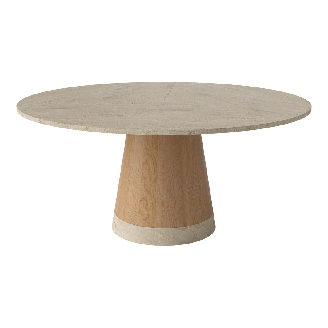 Round dining table in light wood finish with a smooth surface and a contrasting cone-shaped base. Elegant modern design.