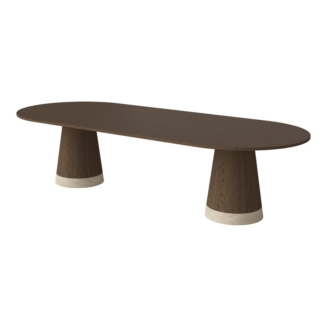 Brown oval table with tapered legs featuring contrasting white bases, showcasing a modern minimalist design.