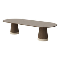 Elegant oval brown table with two cylindrical wooden legs, featuring a contrasting cream base for a modern look.