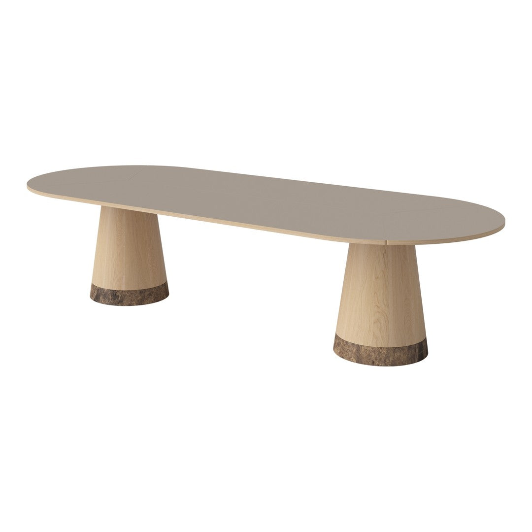 "Modern oval coffee table in taupe with natural wood base, featuring sleek lines and a minimalist design."