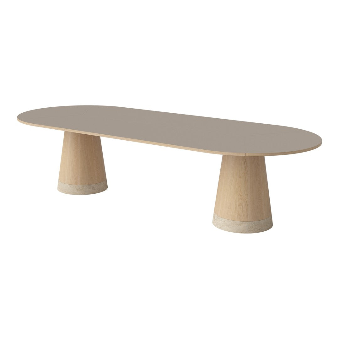 Modern oval beige coffee table with light wooden bases, smooth surface, and minimalist design. Perfect for any decor.