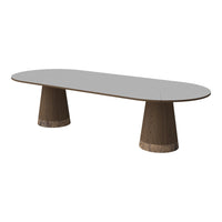 Modern oval table with a smooth gray top and textured brown wooden legs. Ideal for contemporary home decor.