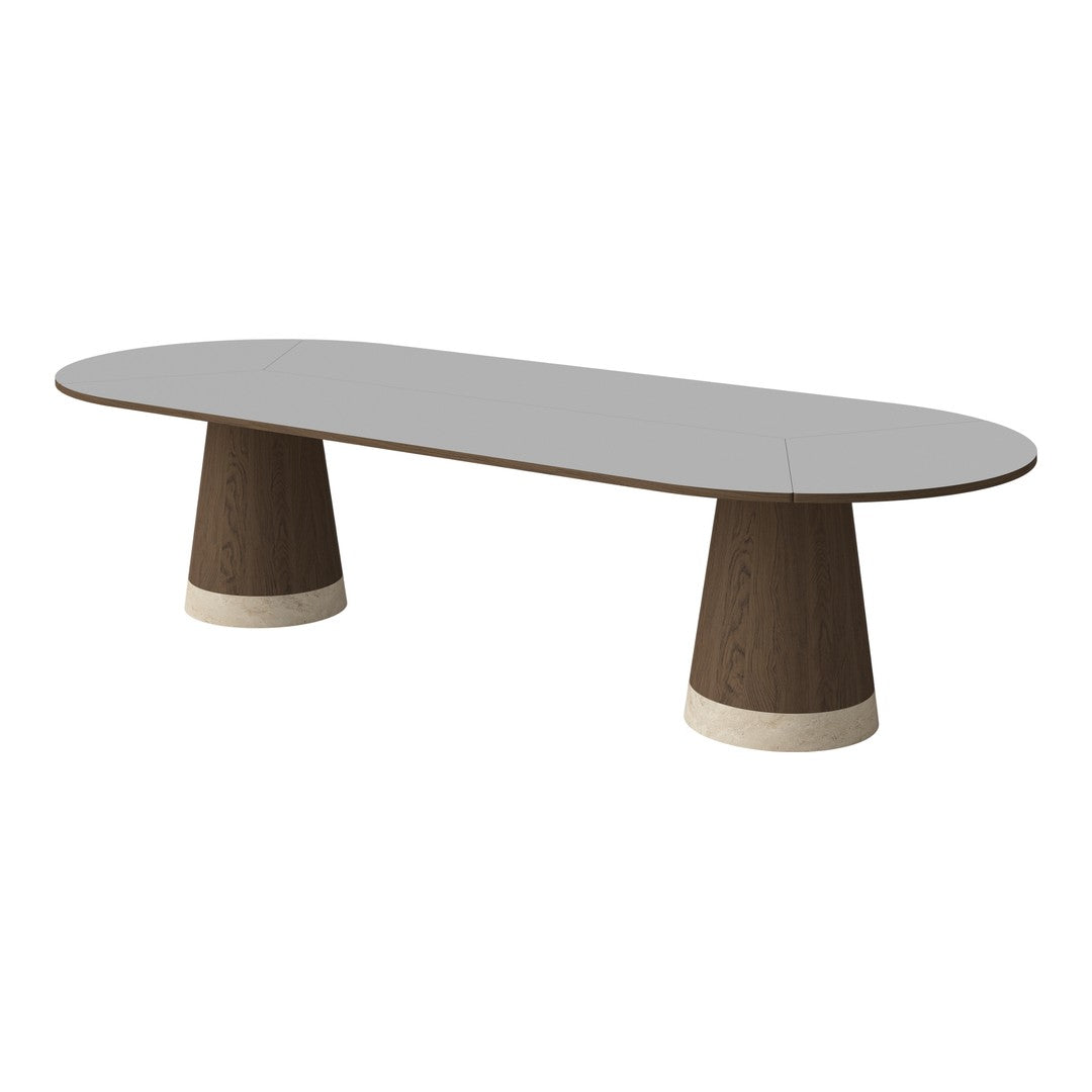 Oval gray tabletop with dark wood tapered legs and cream bases, showcasing a modern minimalist design.