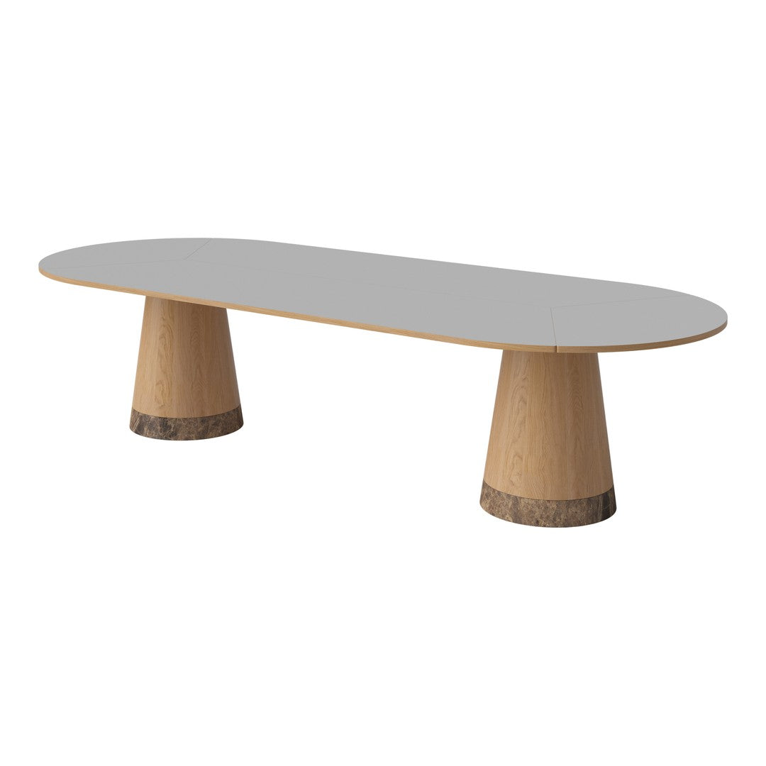 Modern oval coffee table with a sleek gray top and natural wood base, featuring a minimalist design.