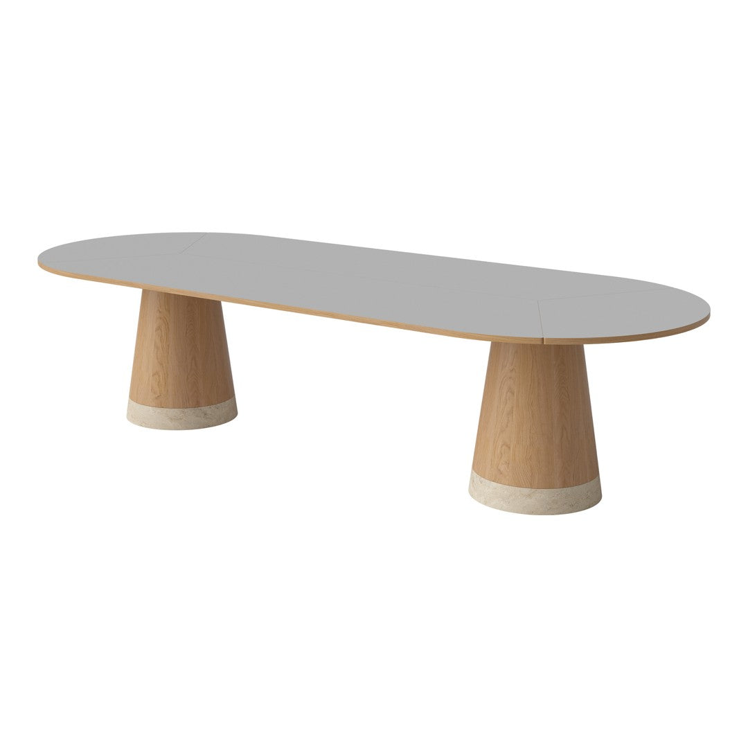 Modern oval coffee table with a light gray top and natural wood legs featuring subtle cream accents. Perfect for contemporary decor.