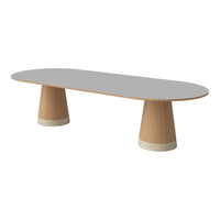 Modern oval coffee table with a light gray top and natural wood legs featuring subtle cream accents. Perfect for contemporary decor.