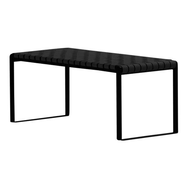 Black woven bench with a sleek, modern design and minimalist metal frame. Ideal for contemporary decor.