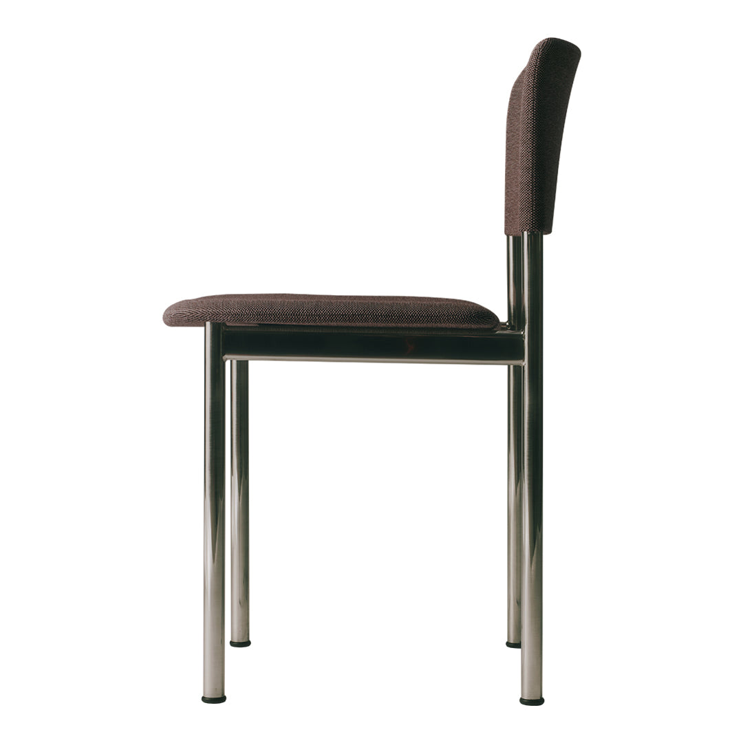 Side view of a brown upholstered chair with sleek silver metal legs, showcasing a minimalist design.