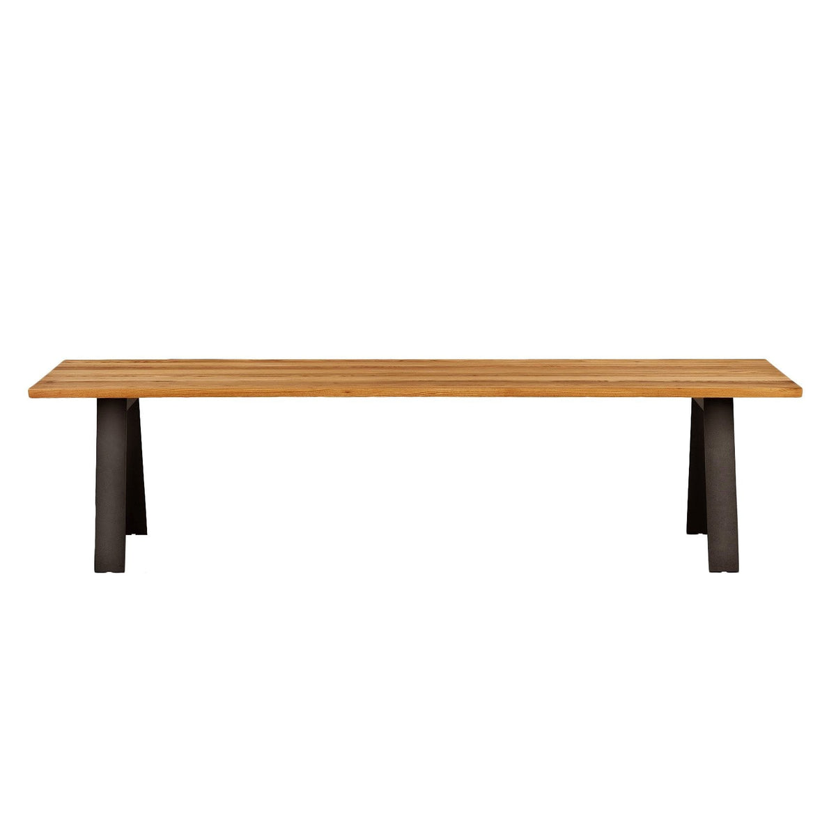 Natural wood grain tabletop with a rich tan color, paired with sleek black metal legs for a modern contrast.