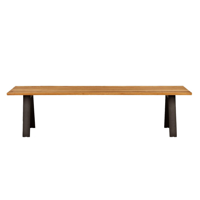 Natural wood grain tabletop with a rich tan color, paired with sleek black metal legs for a modern contrast.