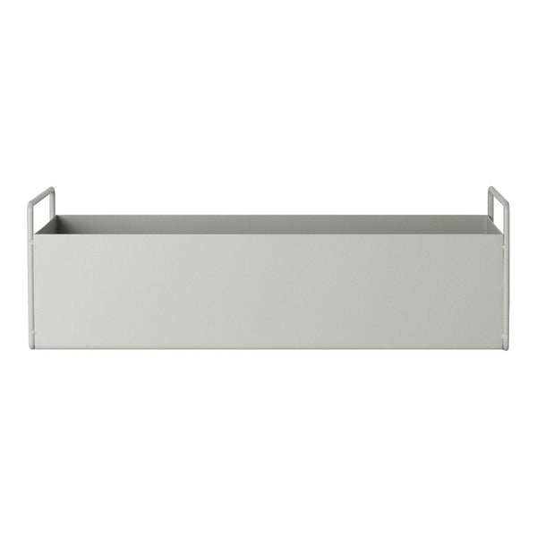 Gray metal storage box with a sleek, minimalist design and two side handles for easy carrying.
