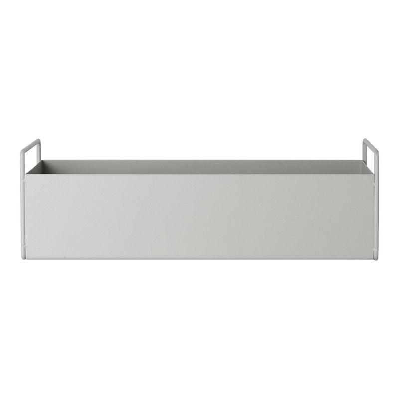 Gray metal storage box with a sleek, minimalist design and two side handles for easy carrying.