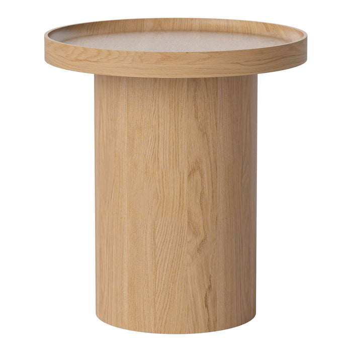 Natural wood round side table with a smooth light oak finish and simple, minimalist design.