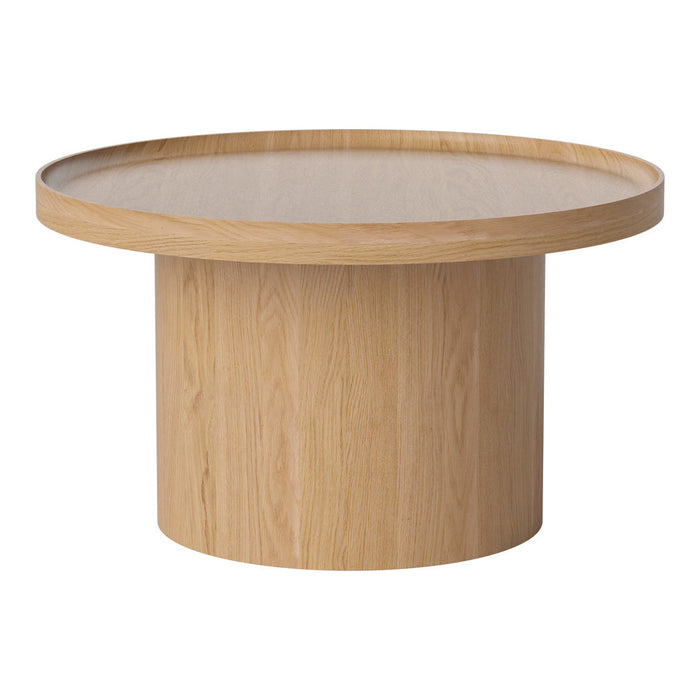 Light natural wood round coffee table with a smooth surface and cylindrical base, showcasing a minimalist design.