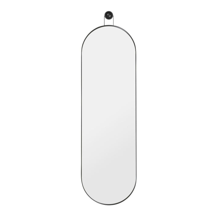 Sleek oval mirror with a minimalistic black and white color scheme, featuring a smooth, reflective surface.
