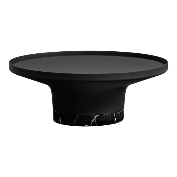 Black coffee table with a smooth top and a contrasting marble-patterned base. Modern minimalist design.