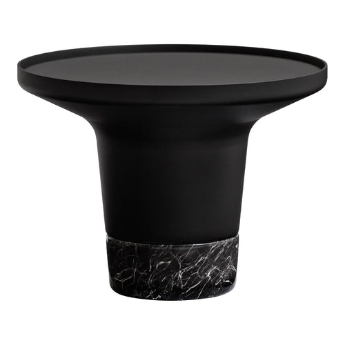 Black round coffee table with a smooth matte top and a textured black marble base, offering a sleek modern design.