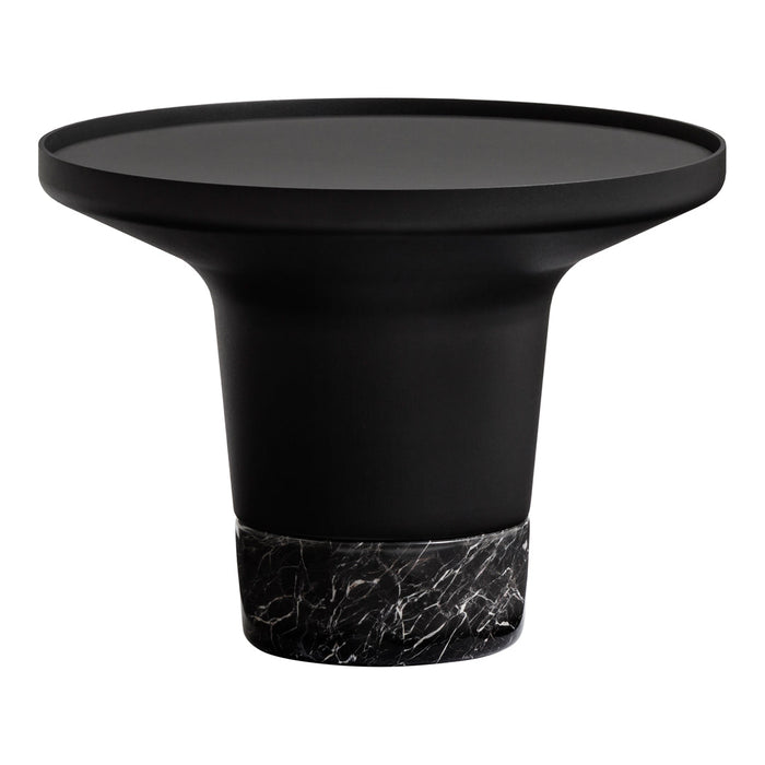 Black round coffee table with a smooth matte top and a textured black marble base, offering a sleek modern design.