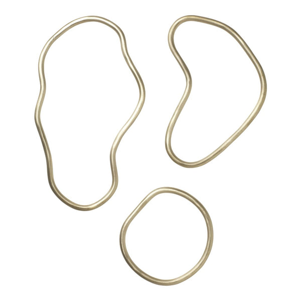 Set of three gold-colored wire shapes with organic, fluid patterns for modern decor. Perfect for accenting any space.