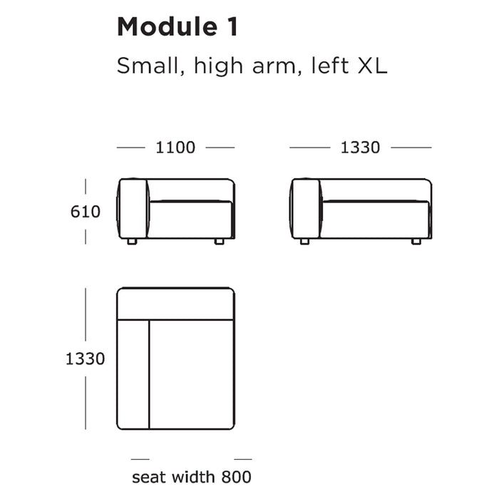 Diagram of a small, high-arm left XL module sofa; featuring a simple, minimalistic design with clean lines.
