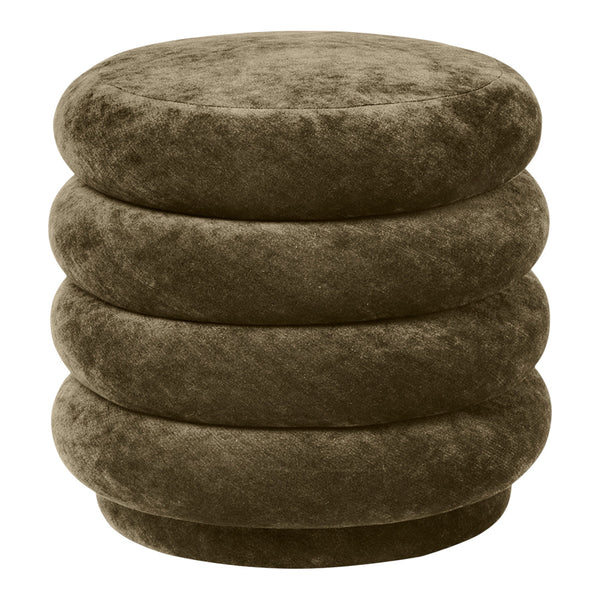 Round stackable ottoman in soft olive green velvet with smooth, plush texture and no visible patterns.