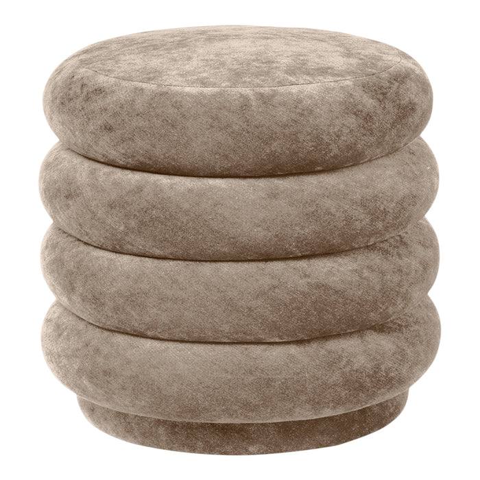 Soft taupe pouf with a smooth, rounded design and velvet texture. Perfect for adding warmth to any space.