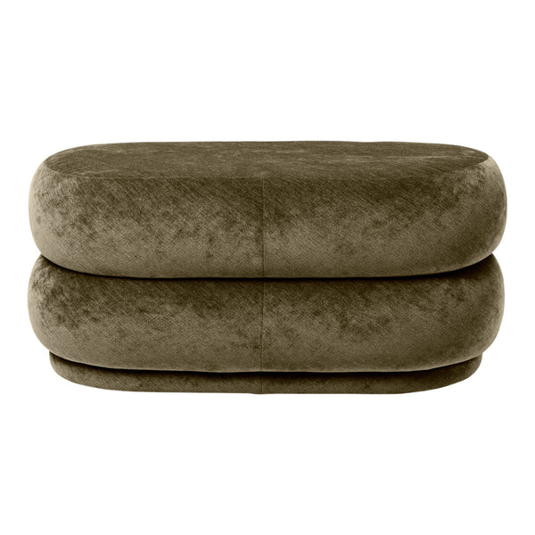 Olive green plush oval ottoman with a smooth, velvety texture and minimalistic design. Perfect for modern decor.