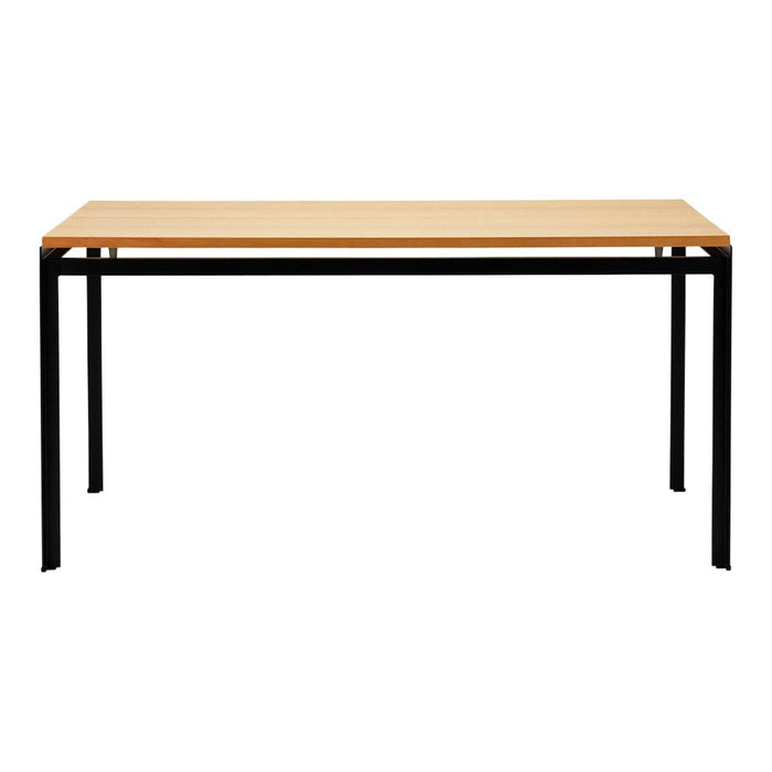 Light wood tabletop with a natural finish and sleek black metal legs, featuring a minimalist design.