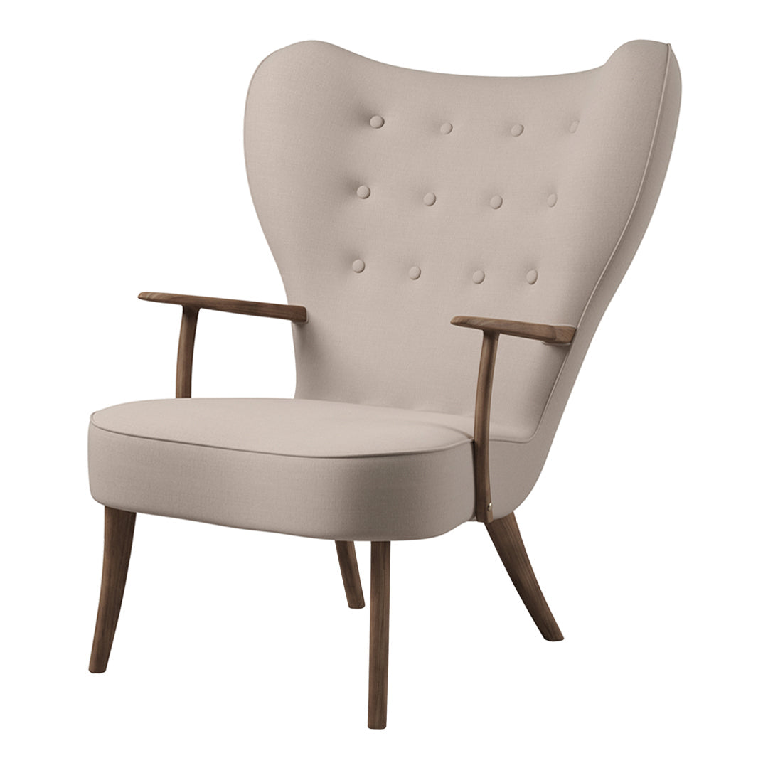Beige upholstered armchair with button-tufted back and natural wood legs, featuring a minimalist design.