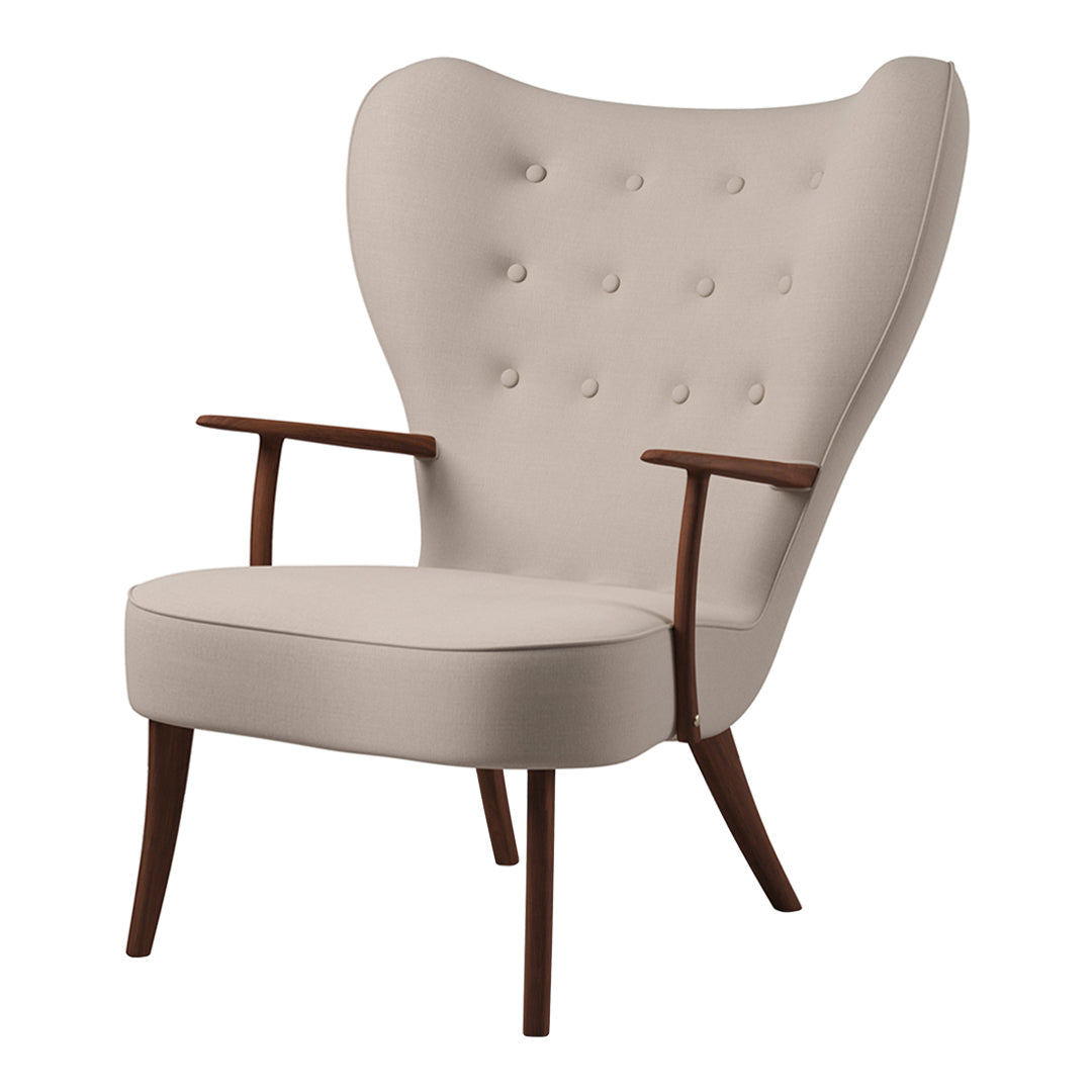 Soft beige upholstered chair with button tufting and wooden armrests, featuring a modern design.