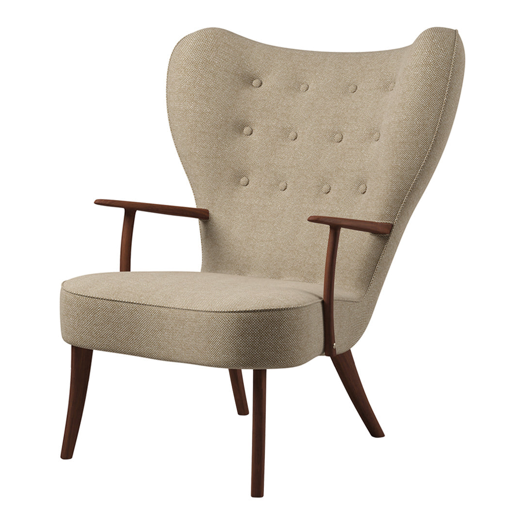 Beige upholstered armchair with tufted buttons and wooden legs, showcasing a smooth, contemporary design.