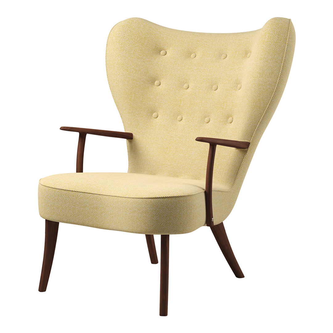 Yellow upholstered chair with button-tufted design and wooden arms, featuring a mid-century modern style.