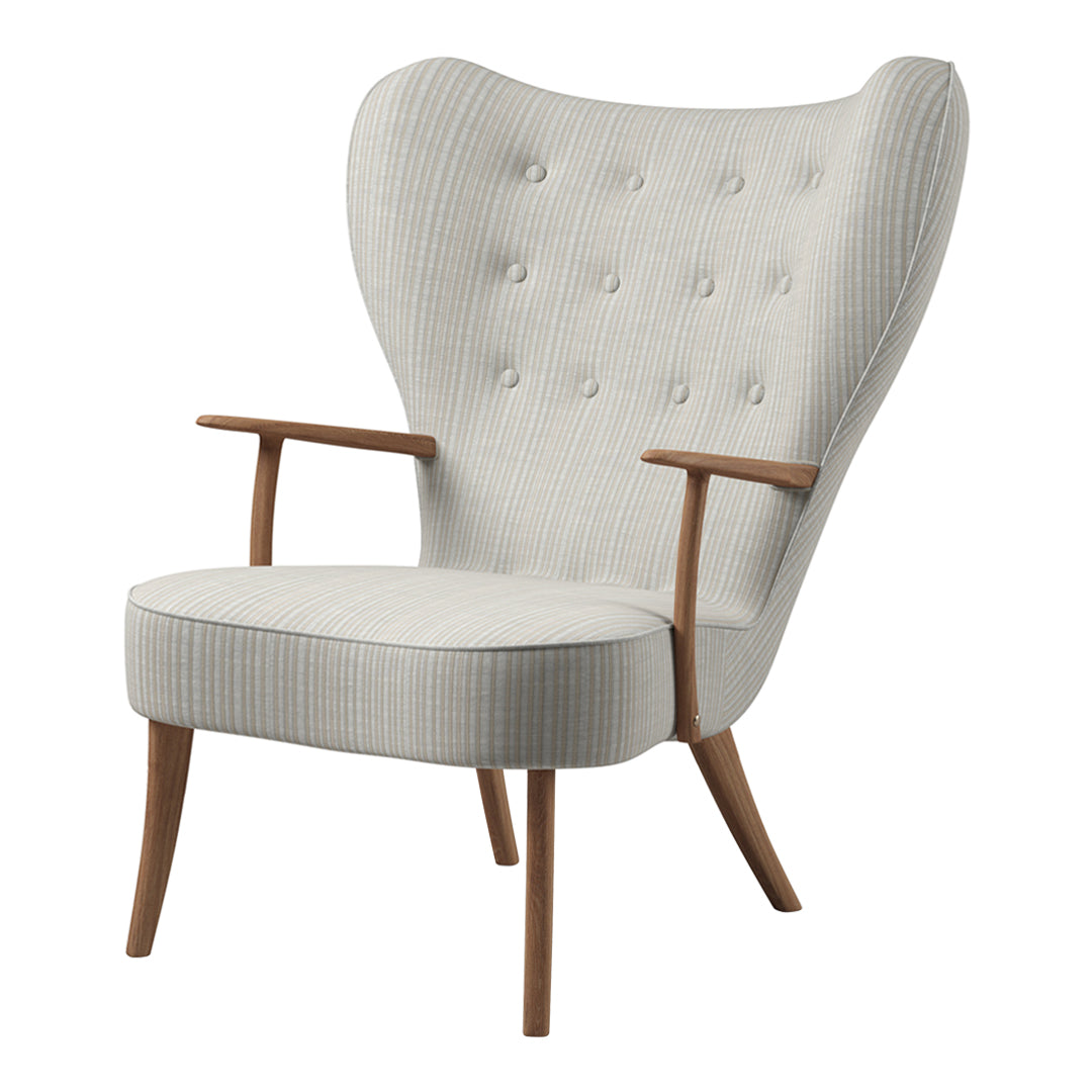 Light gray tufted fabric armchair with subtle vertical stripes and natural wood legs. Perfect for modern decor.