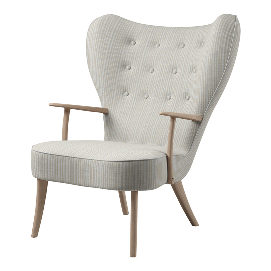 Light gray upholstered armchair with subtle vertical stripes and button-tufted backrest, featuring natural wood legs.