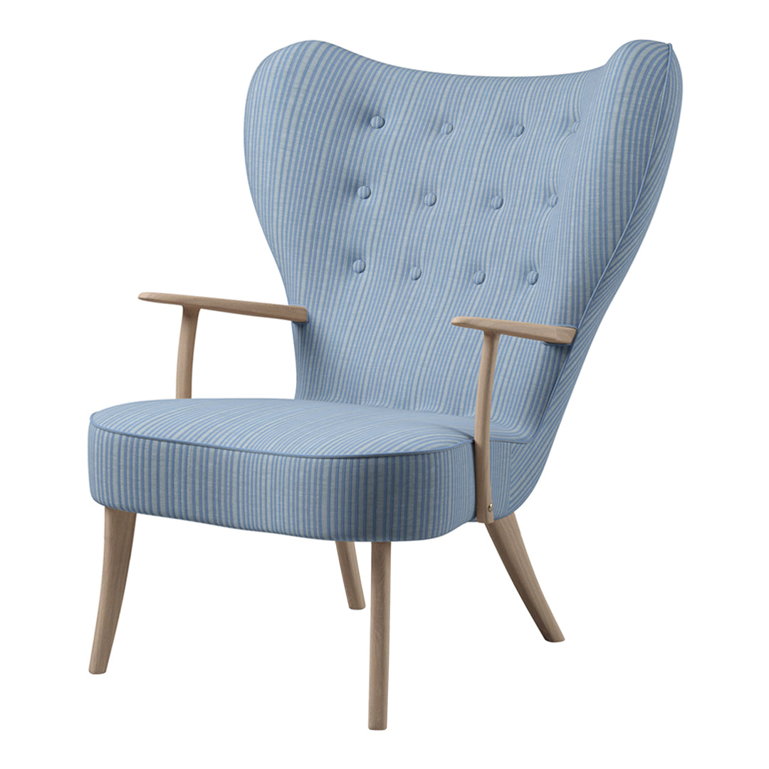 Light blue upholstered chair with vertical striped pattern and wooden legs, featuring button-tufted backrest.