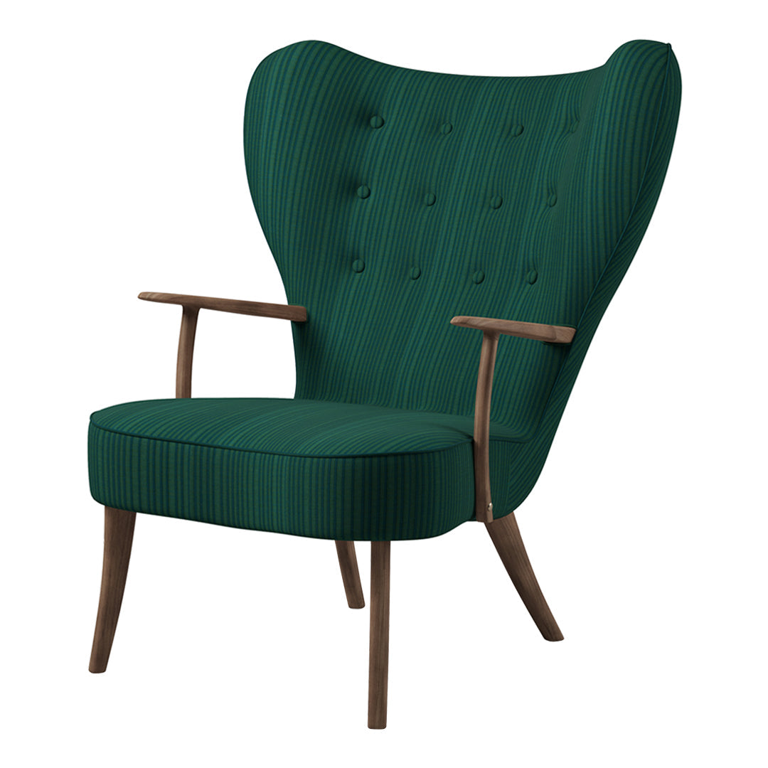 Green striped chair with a tufted back and wooden arms, featuring a modern design and elegant silhouette.