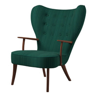 Green striped fabric armchair with button tufting and wooden legs, featuring a stylish retro design.
