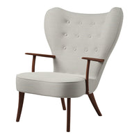 Light gray upholstered chair with button-tufted design and wooden armrests, featuring a sleek mid-century modern silhouette.
