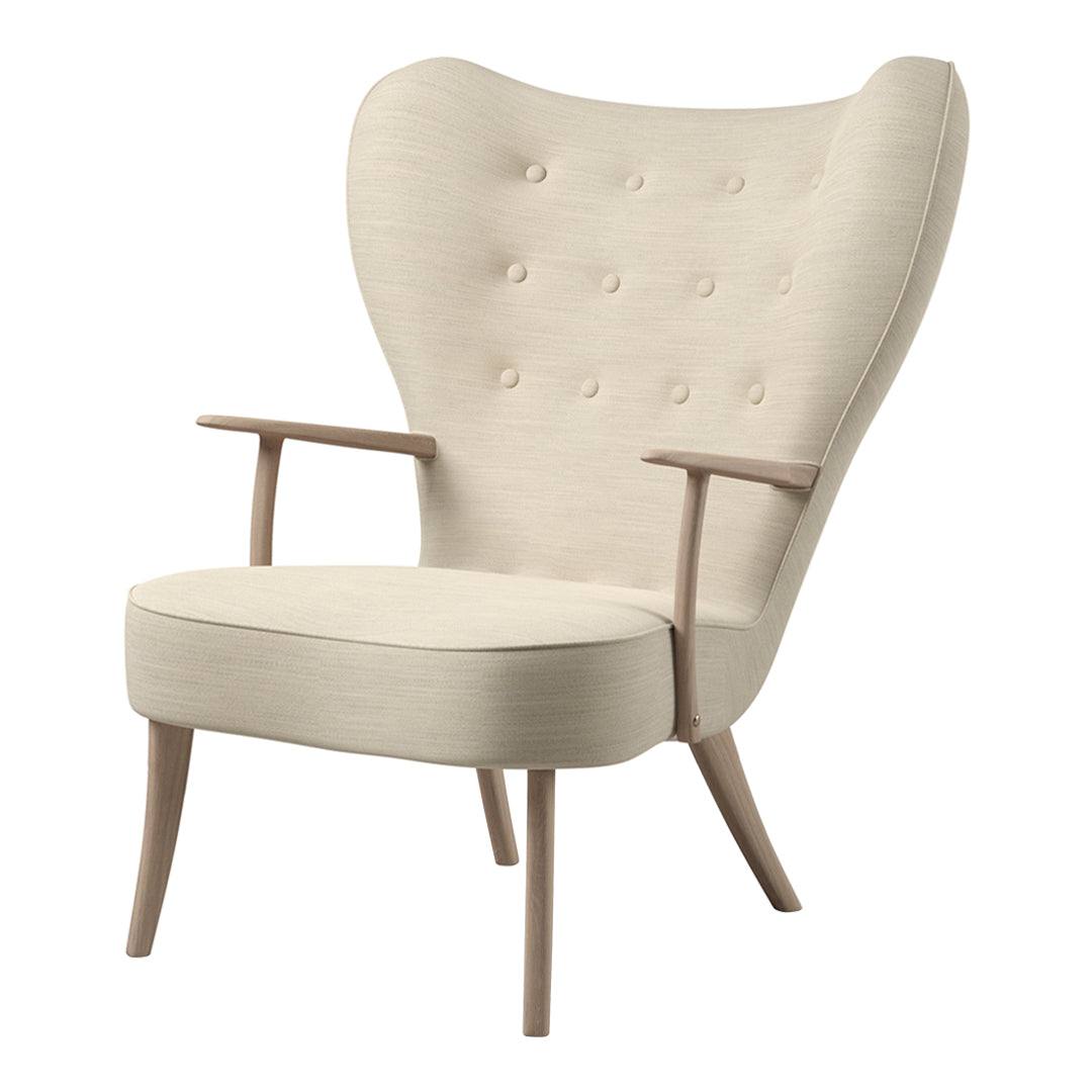Cream upholstered chair with tufted back and light wooden legs, featuring a sleek, modern design.