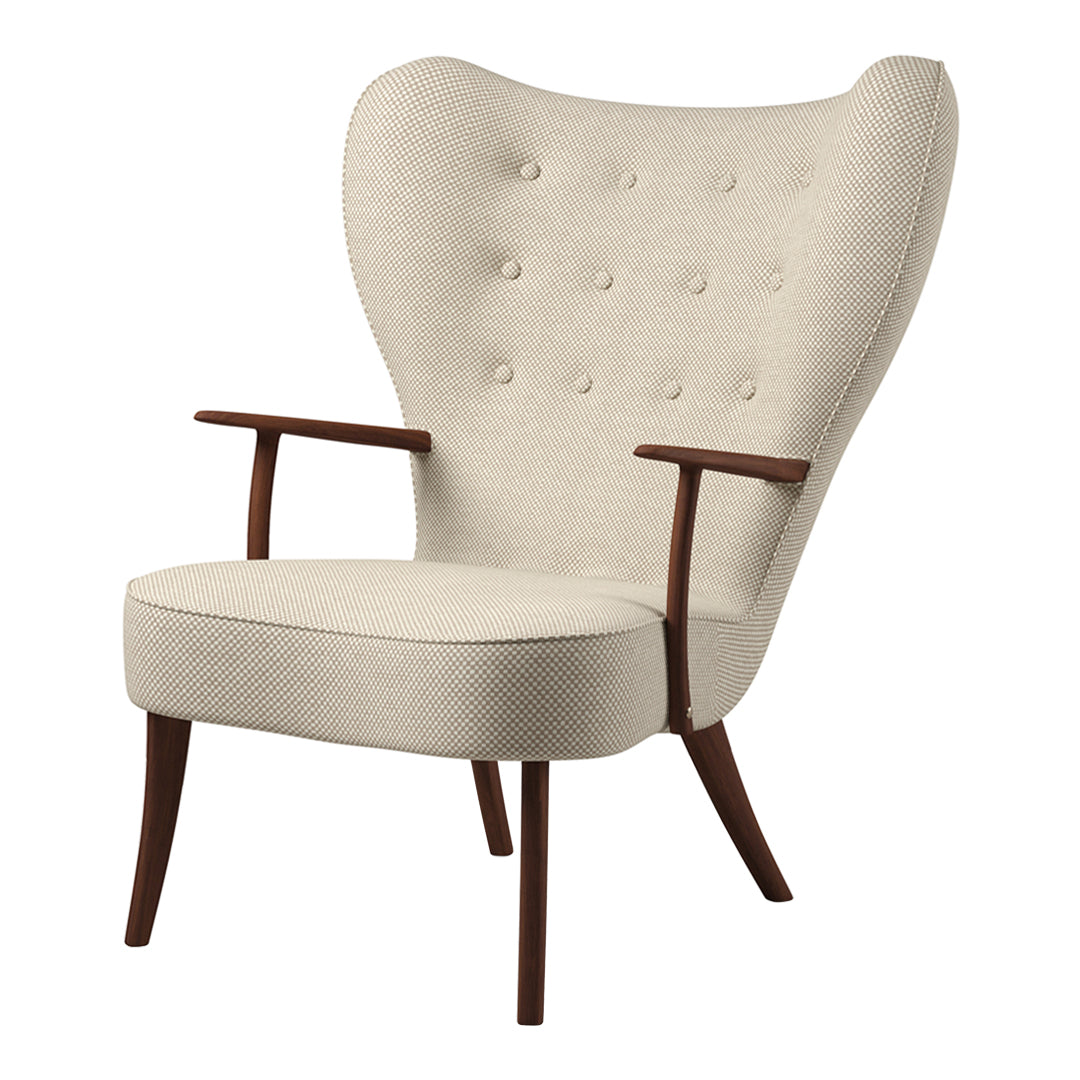 Cream upholstered armchair with tufted buttons and wooden legs, featuring a sleek, modern design.