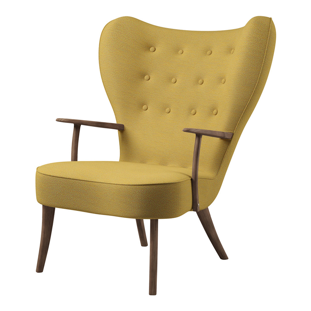 Yellow tufted armchair with a wingback design and wooden legs, perfect for adding a pop of color to any decor.