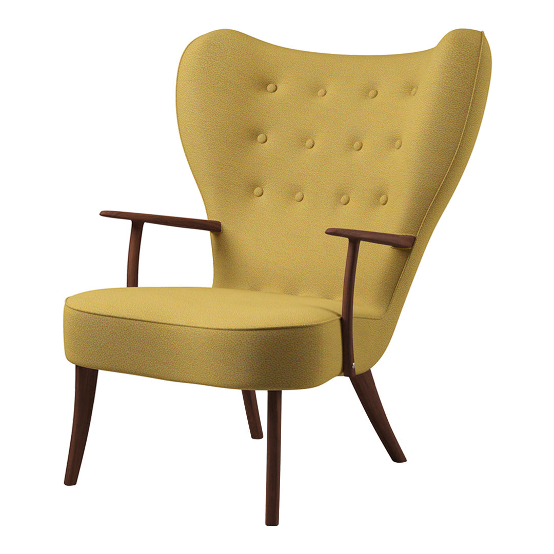 Vintage-inspired wingback chair in mustard yellow fabric with tufted detailing and wooden legs.