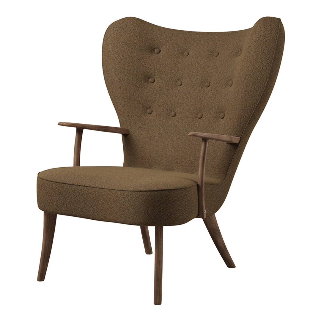Brown upholstered armchair with tufted pattern and wooden legs, featuring a unique wingback design.