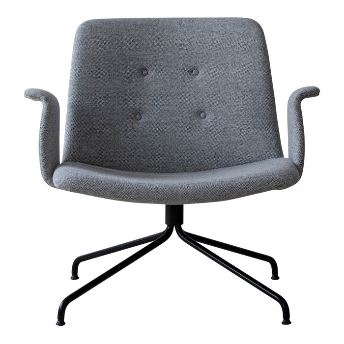 Gray upholstered chair with a smooth texture, featuring subtle button details and a sleek black metal base.