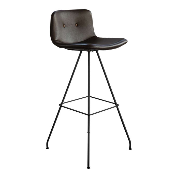 Black faux leather barstool with minimalist design and sleek black metal legs, featuring subtle button details.