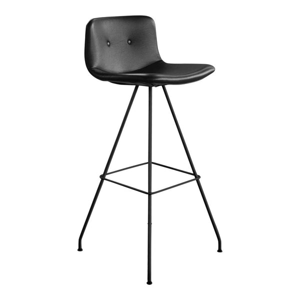 Black bar stool with sleek, modern design and subtle button detailing on a smooth seat, set on a sturdy black frame.
