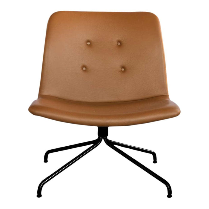 Tan upholstered chair with a smooth surface and button details, featuring a sleek black metal base.
