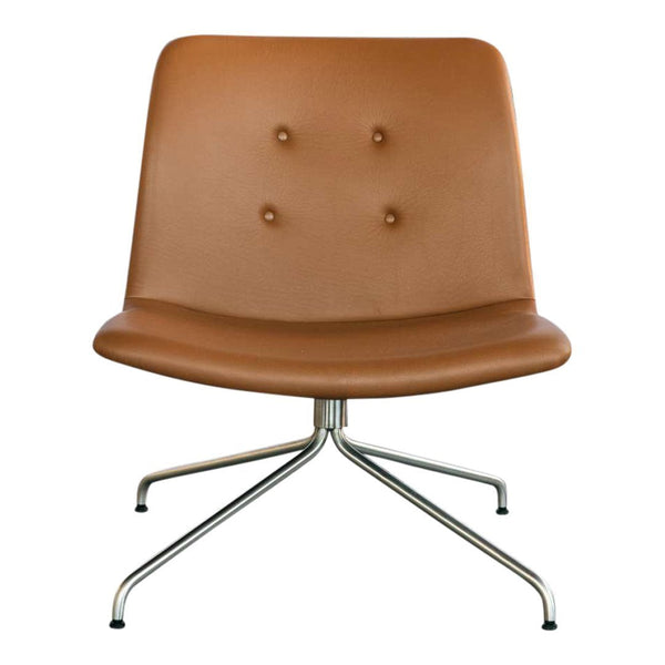 Brown leather chair with a smooth finish and subtle button tufting, set on a sleek metal base.