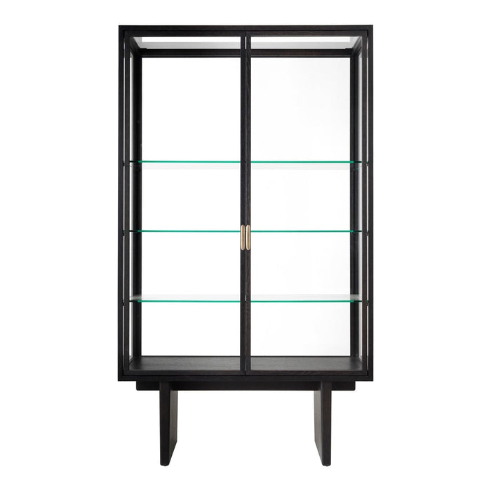 Modern black display cabinet with sleek glass shelves and minimalist design elements. Perfect for showcasing decor.
