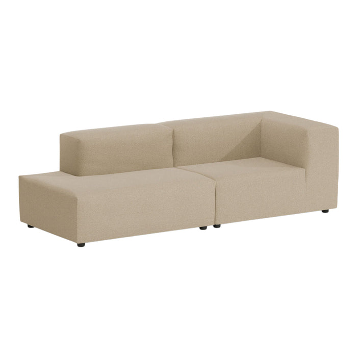 Beige modular sofa with a textured fabric and modern angular design, perfect for contemporary living spaces.